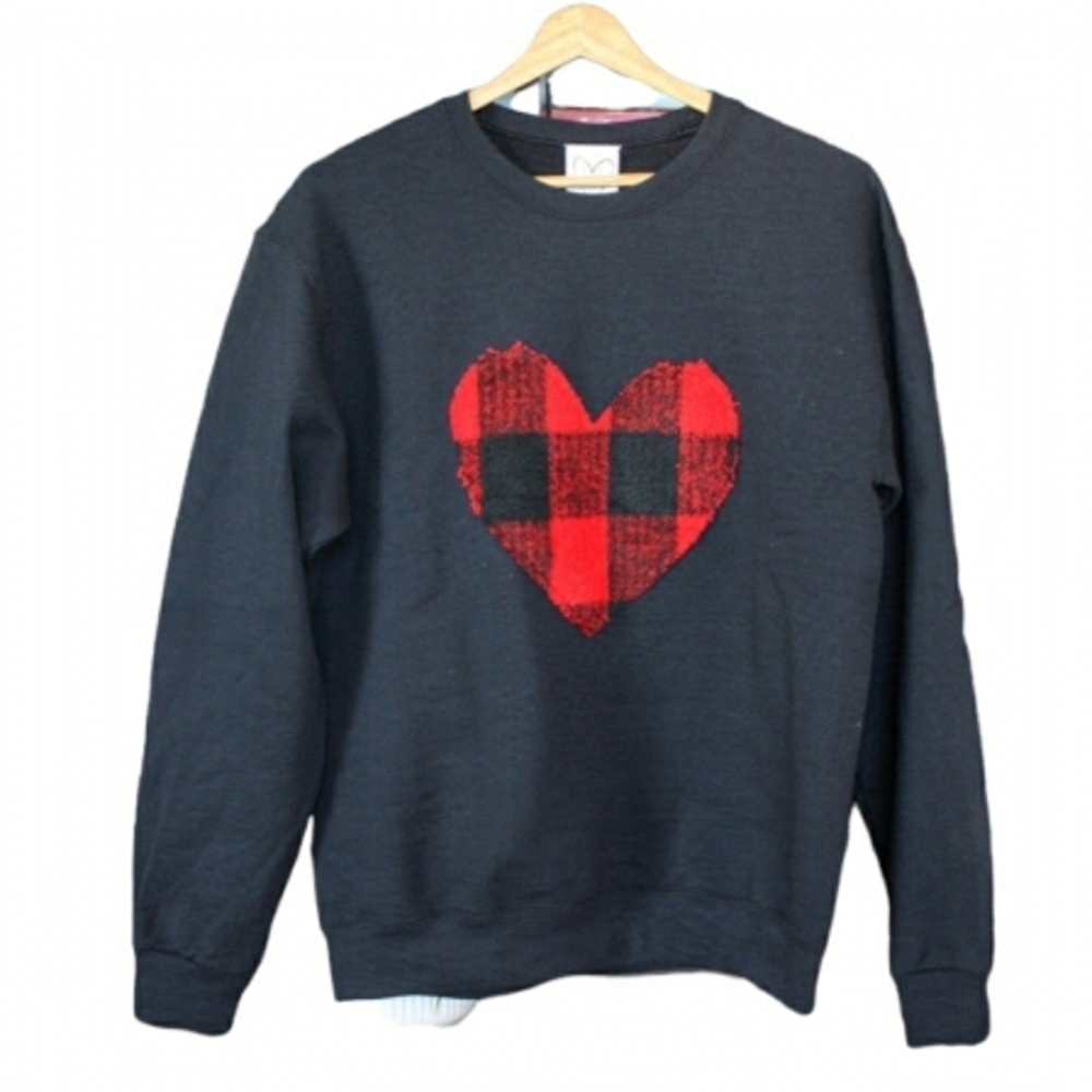 COPIOUS Fashion Buffalo Plaid Heart Sweatshirt Black Size Medium NWT